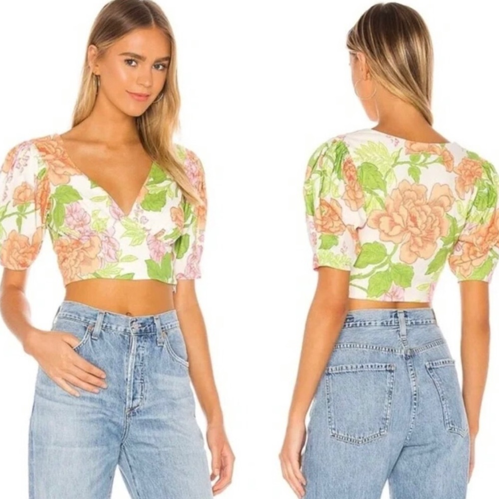Song of Style Floral V-Neck Blouse - Green, Orange, Pink